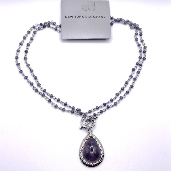 New York & Co Purple and Silver Beaded Double Strand Teardrop Toggle Necklace - Picture 2 of 6